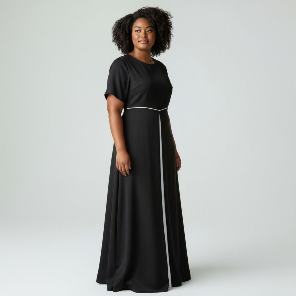90s Minimalist Black Maxi Dress White Trim Formal Choir Concert Gown Medium